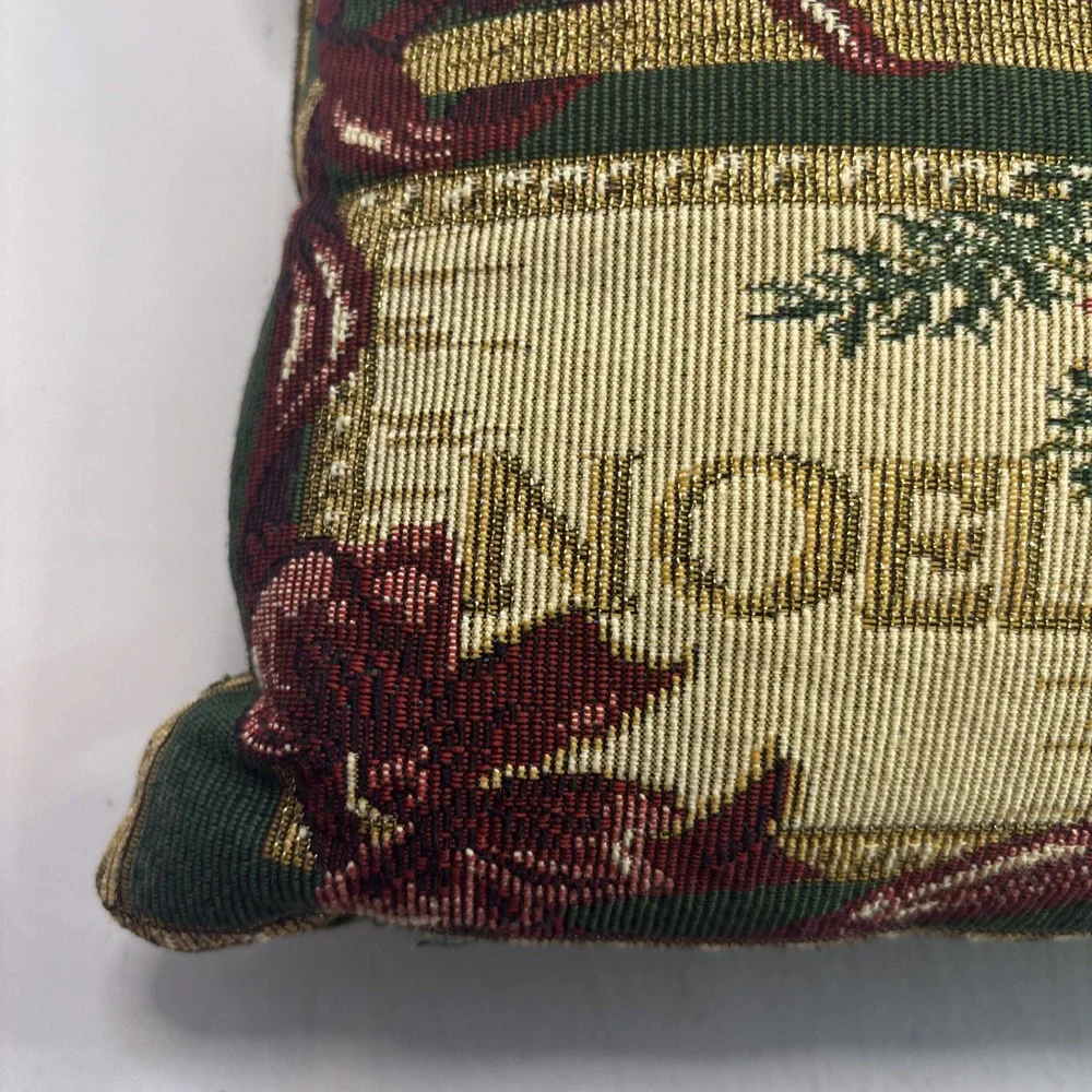 Vintage Christmas Tapestry Throw Accent Pillow Gold Green Back 15x11